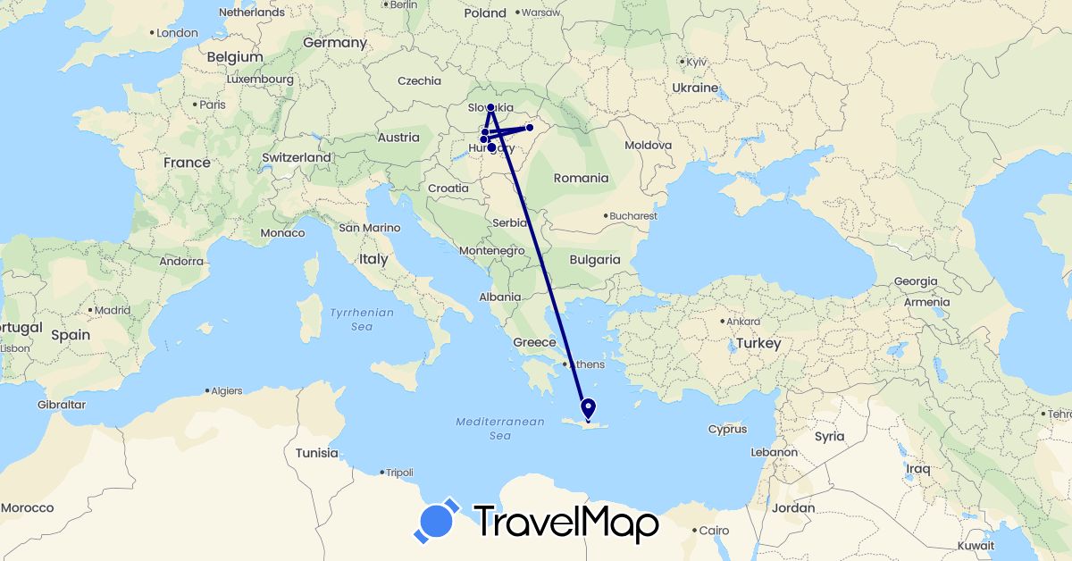 TravelMap itinerary: driving in Greece, Hungary, Slovakia (Europe)
